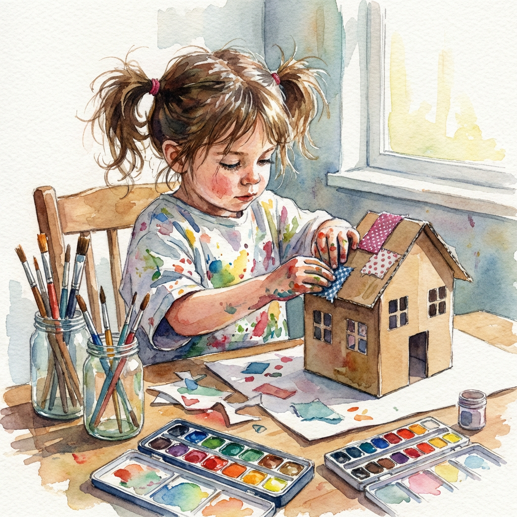 Watercolor illustration of a young girl decorating a cardboard house with paint and fabric scraps.