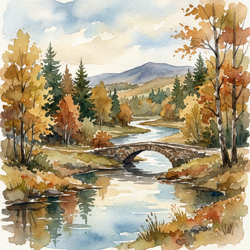 Watercolor landscape of a stone bridge over a river surrounded by autumn trees and mountains.