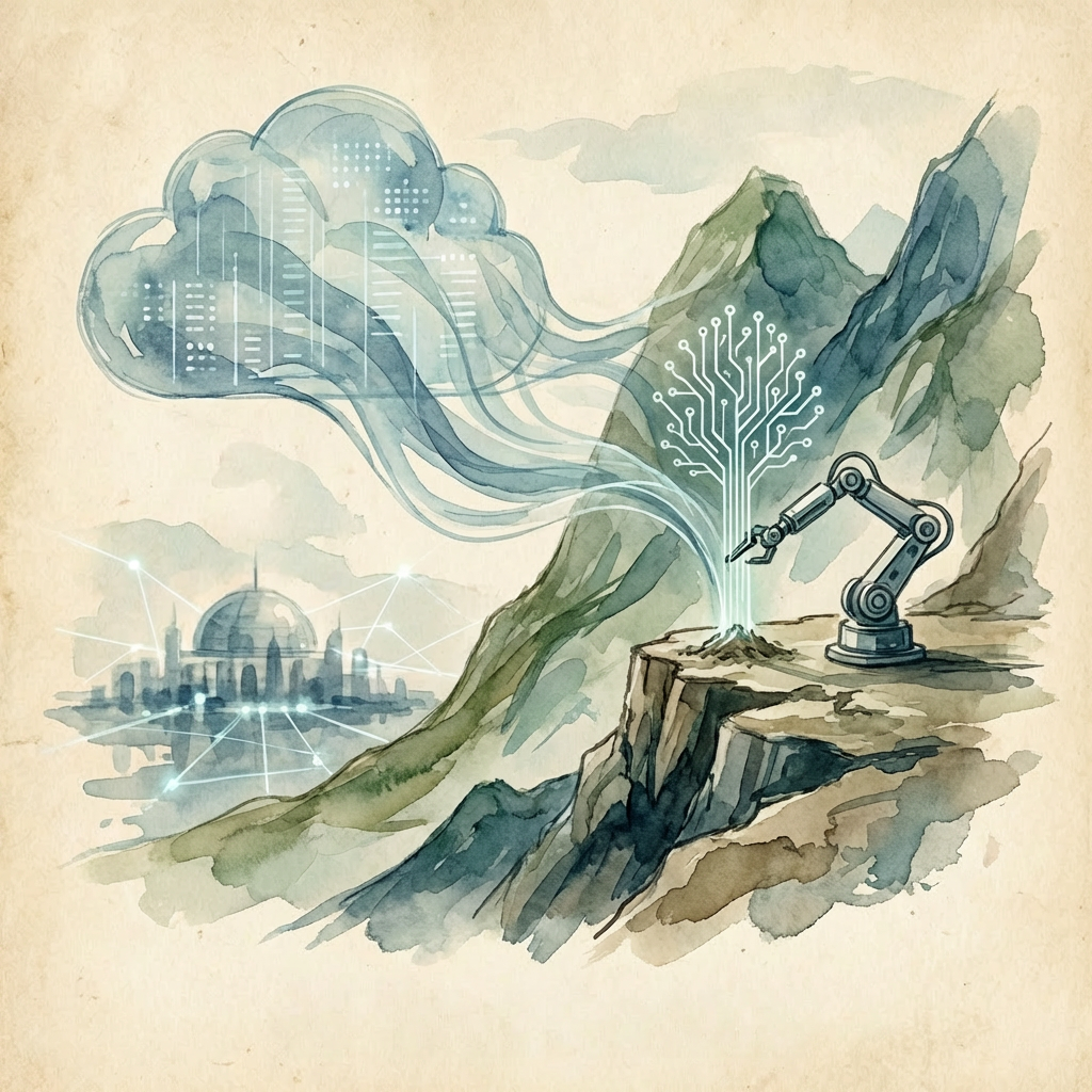 Watercolor illustration of a robotic arm and digital tree with text: AI TECH FRONTIER.