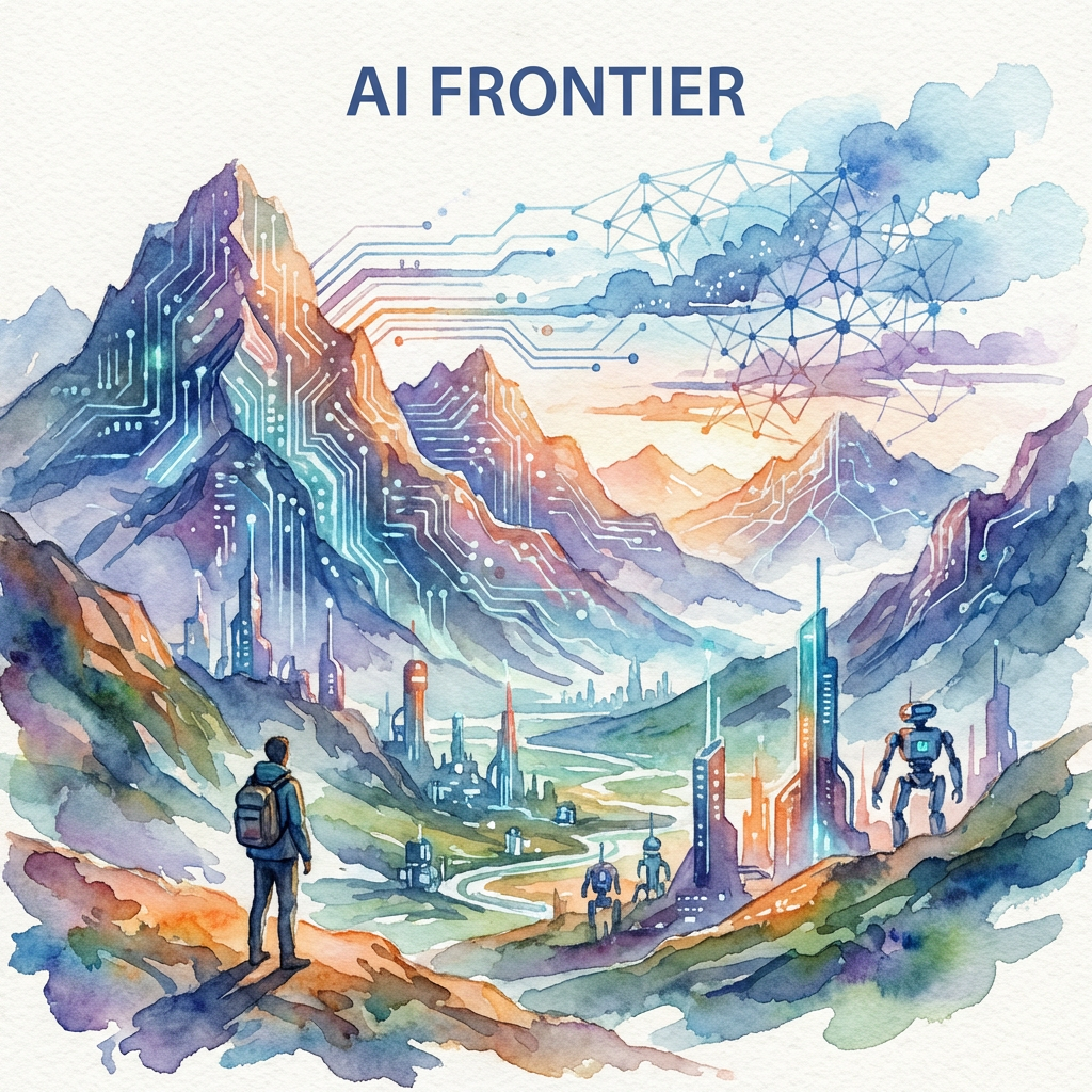 AI FRONTIER text above a watercolor scene of circuit-integrated mountains, a traveler, and a futuristic city.
