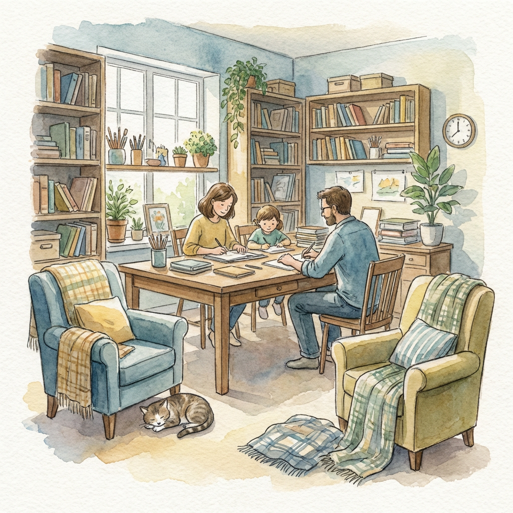 Watercolor illustration of a family of three drawing together at a table in a cozy library.