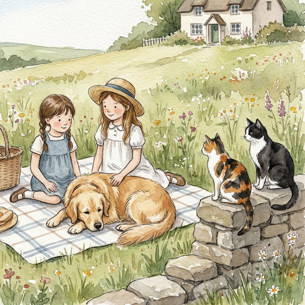 Watercolor illustration of two girls, a dog, and cats having a meadow picnic.
